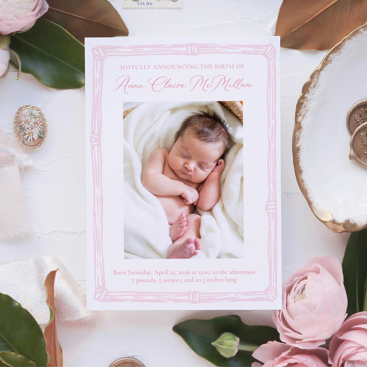 Intaglio Birth Announcement - Pink