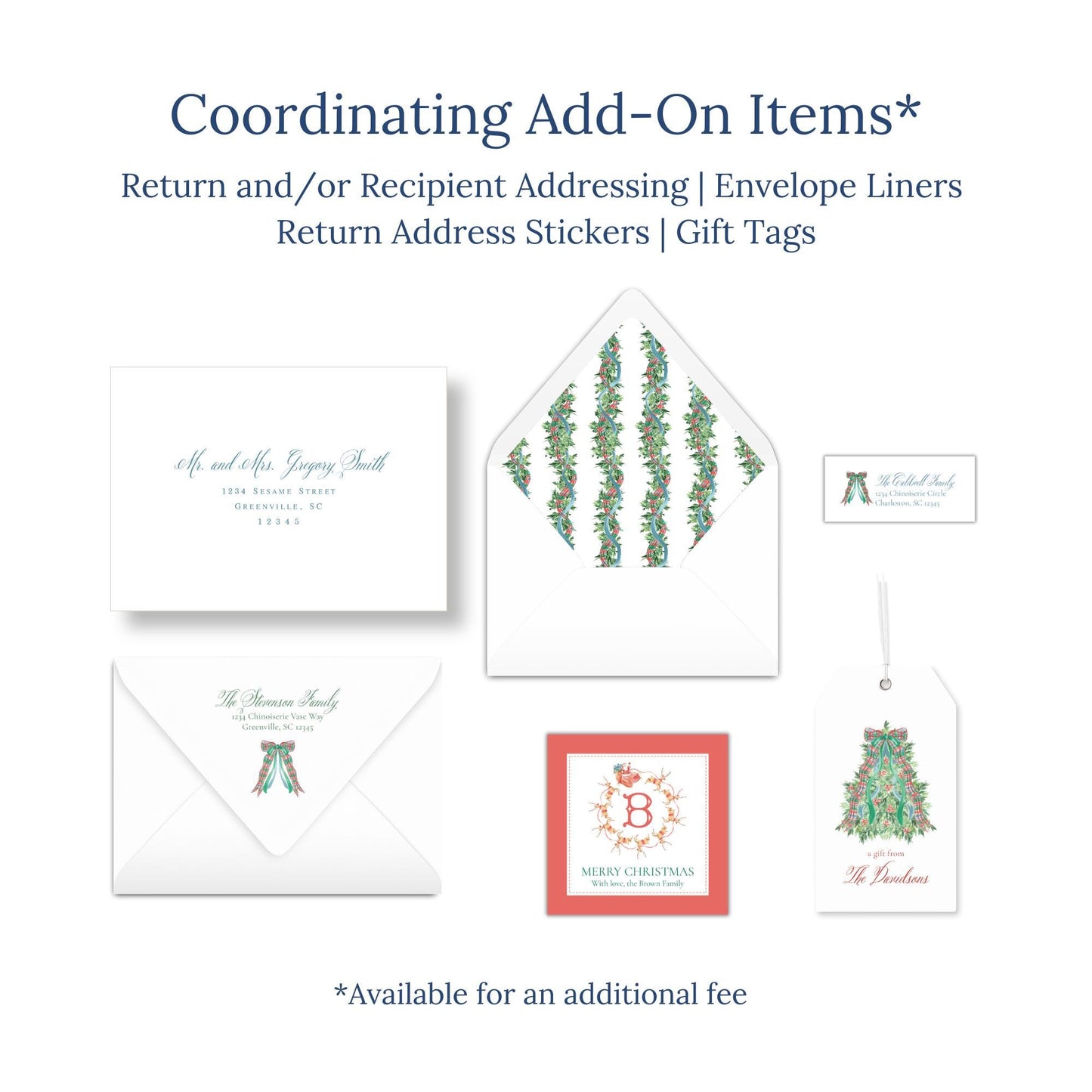 various items related to holiday-themed items, including envelopes, return address stickers, and gift tags.
