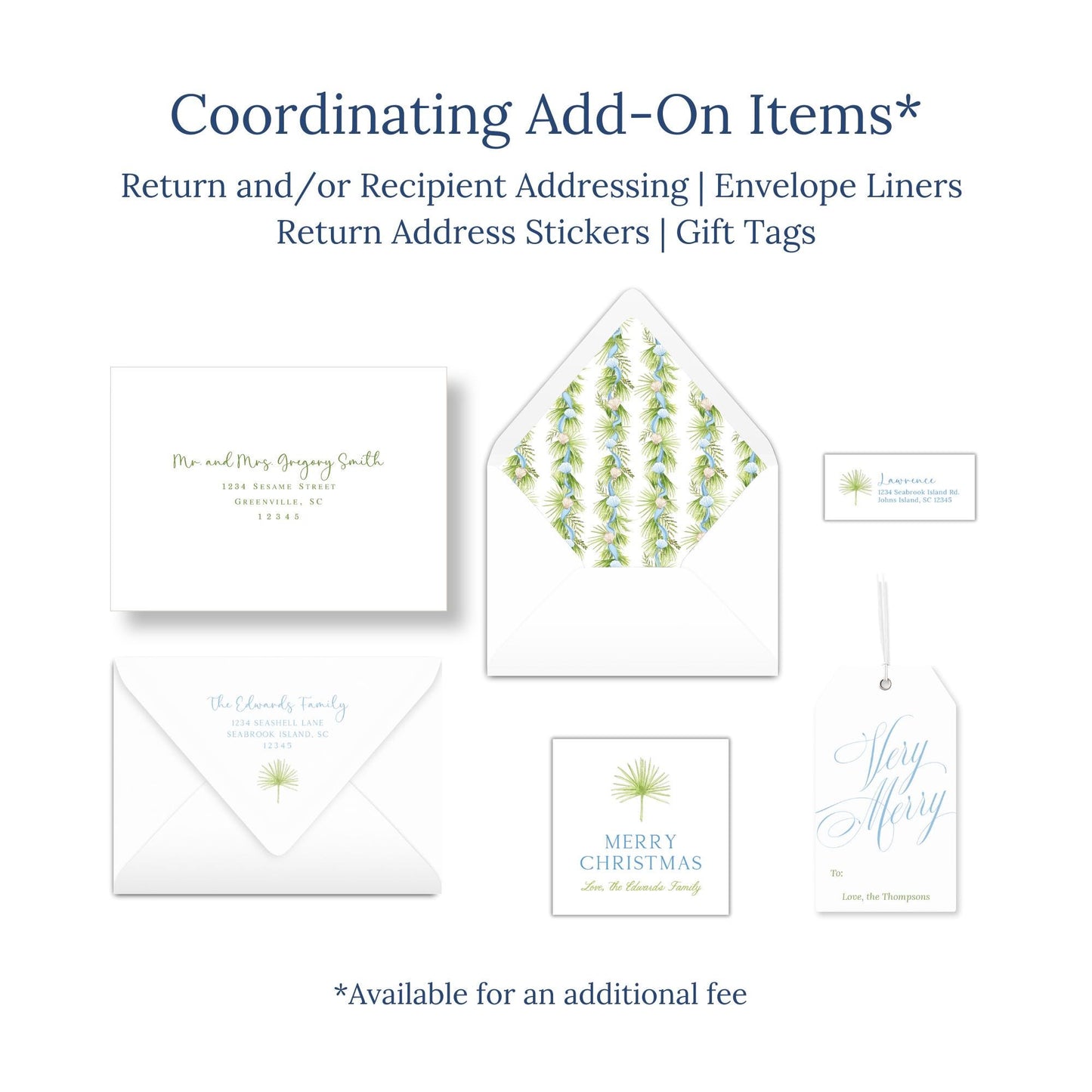 various items related to holiday-themed items, including envelopes, return address stickers, and gift tags.