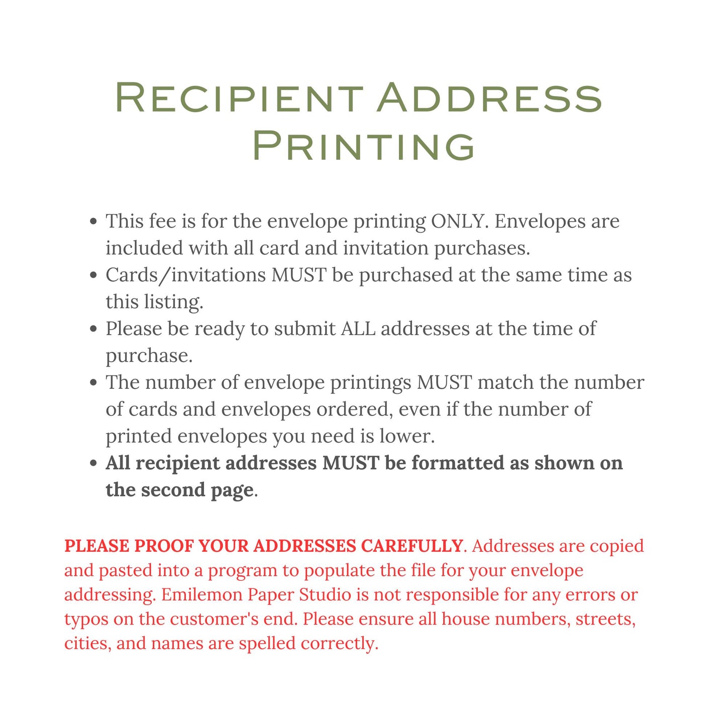 Recipient and Return Envelope Address Printing Services - This listing is for the printing service ONLY