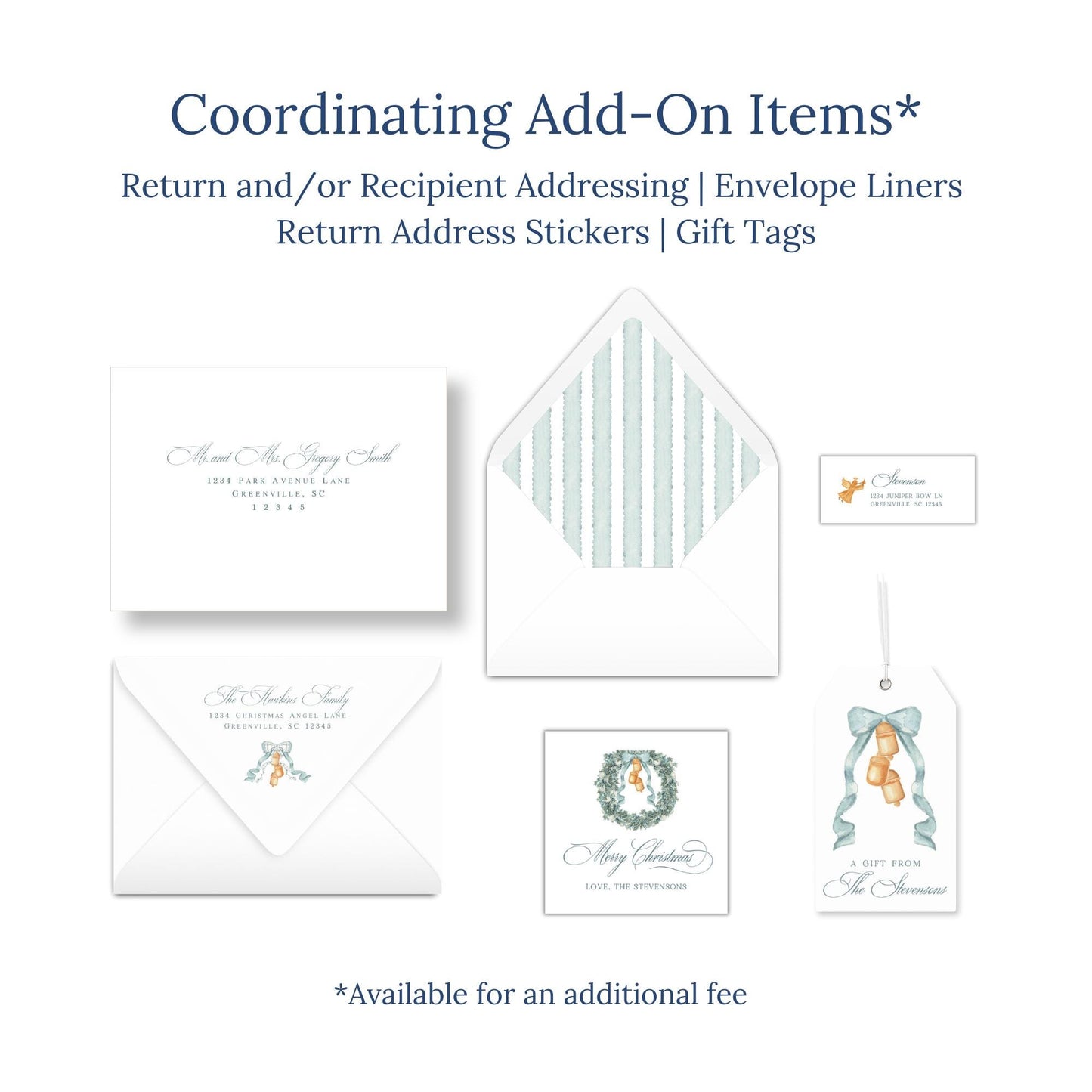 various items related to holiday-themed items, including envelopes, return address stickers, and gift tags.