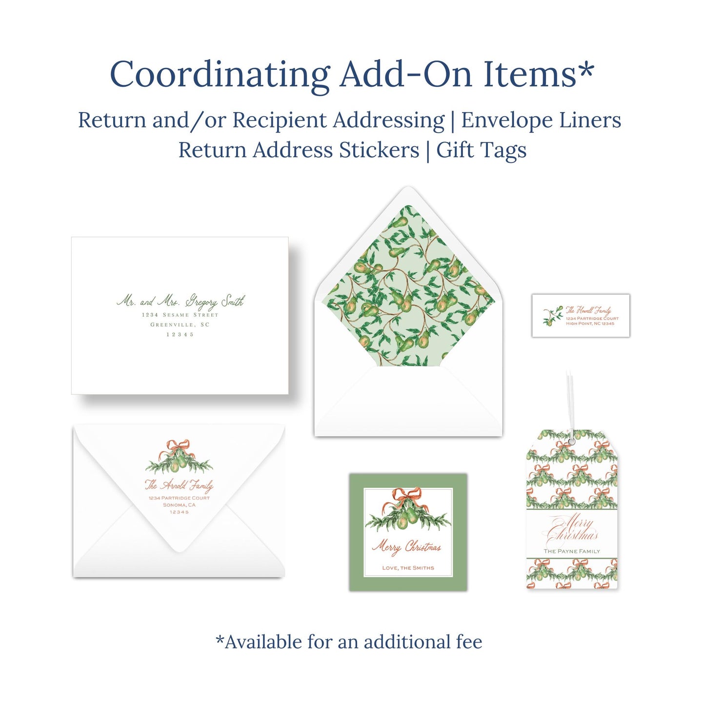 various items related to holiday-themed items, including envelopes, return address stickers, and gift tags.