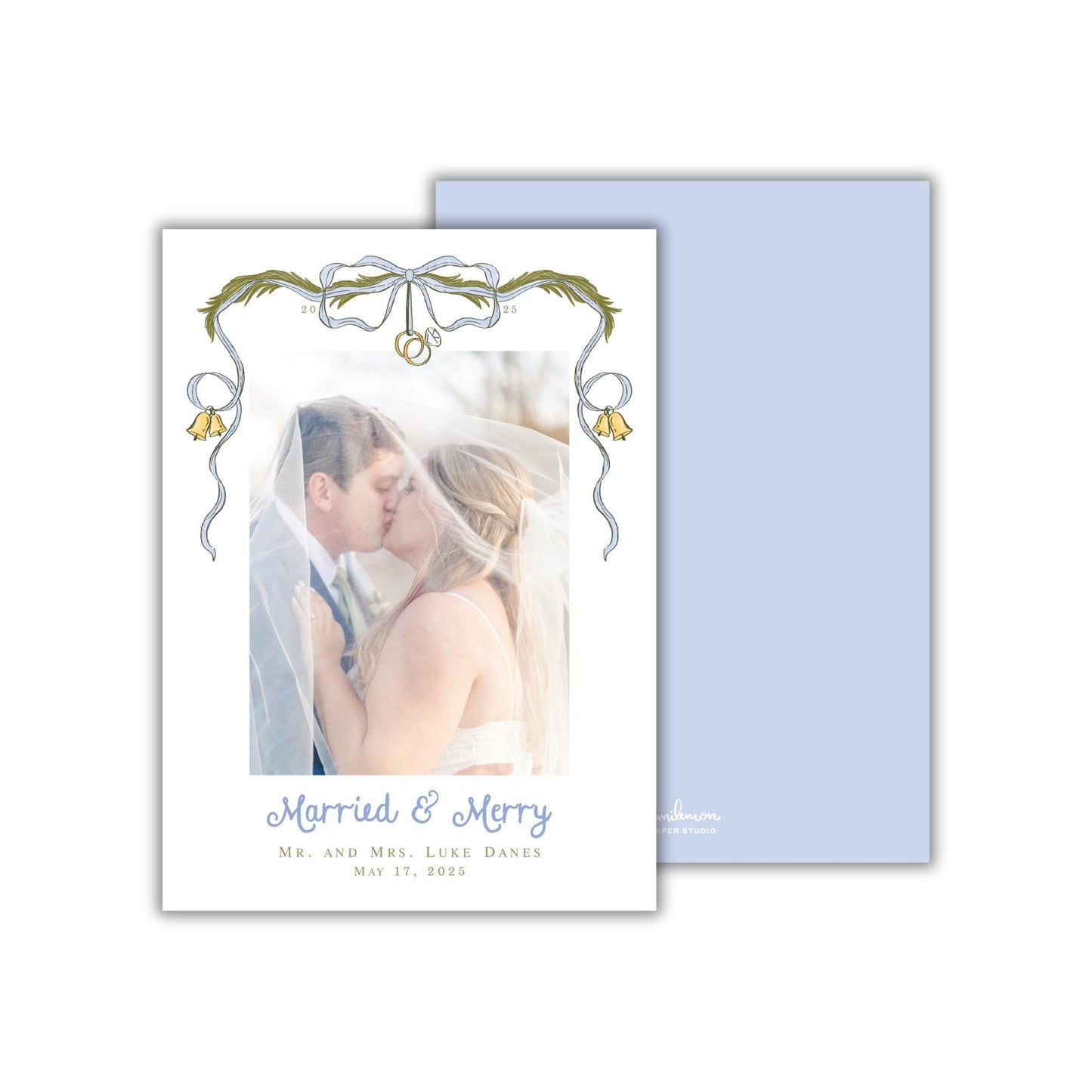 A wedding invitation card featuring a couple embracing and kissing, with the text "Married & Merry" and "Mr. and Mrs. Lyle Danes May 17, 2015" printed on it.