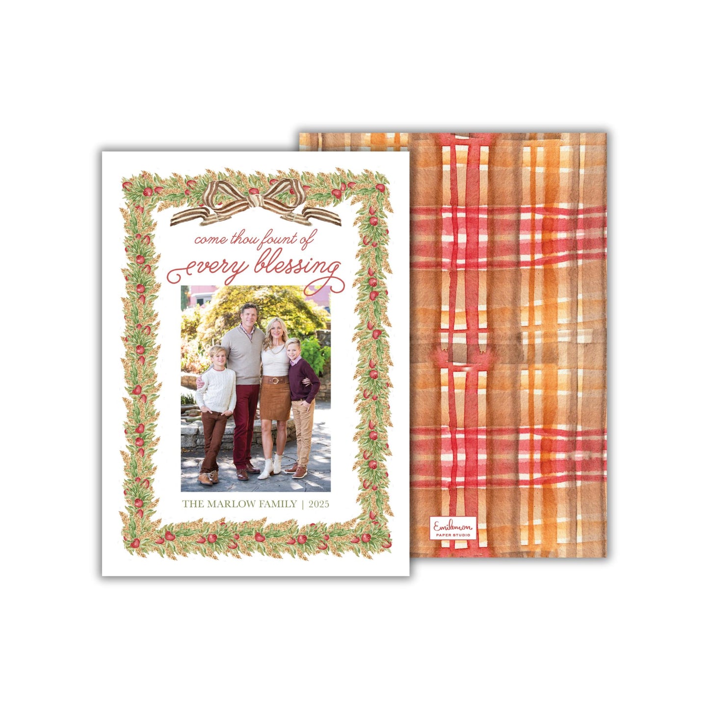The image is a holiday card featuring a family portrait of a family, with a decorative border and text that reads "come upon the flock of every blessing".