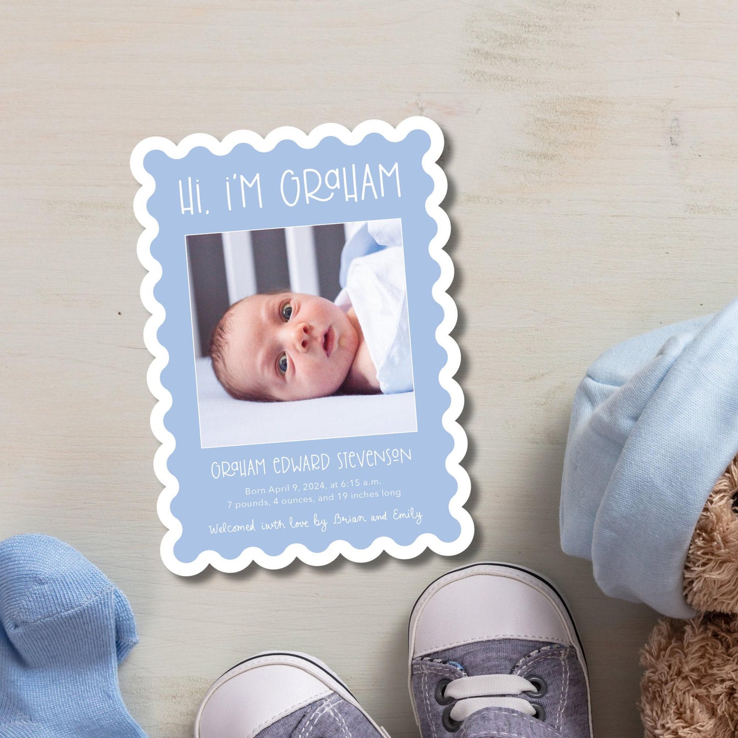 Whimsical Scallop Birth Announcement - Blue