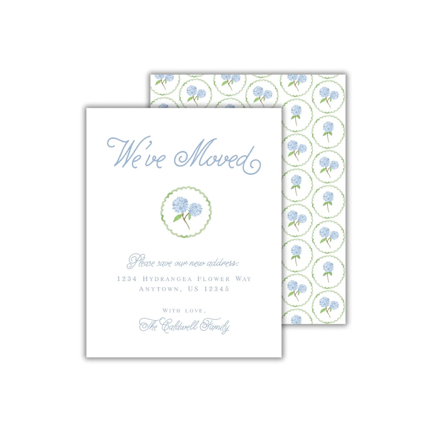 a wedding card with blue flowers on it