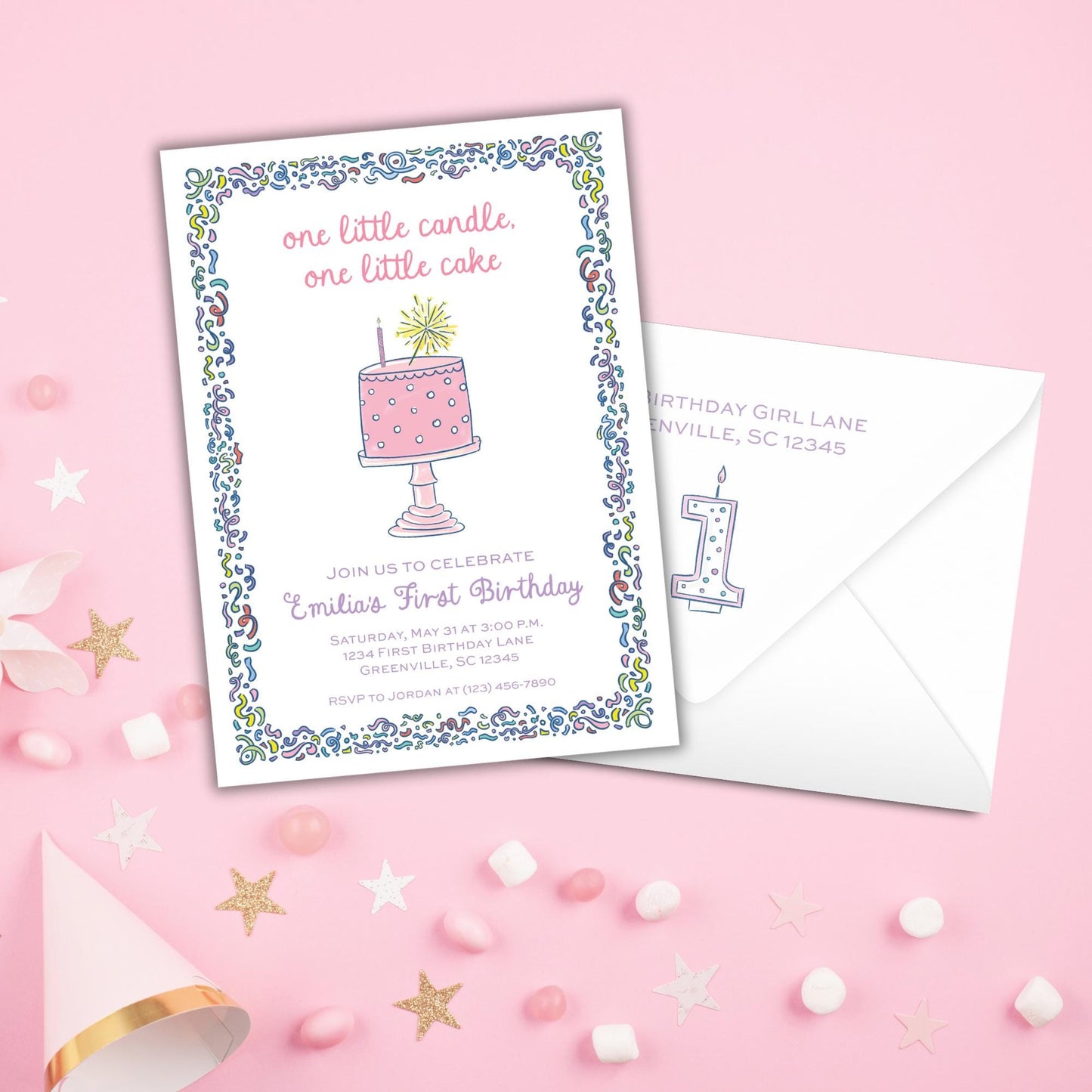 The image is a birthday invitation for a one-little-candy, one-little-cake celebration for a first birthday. The invitation is set against a pink background with confetti and a party hat.