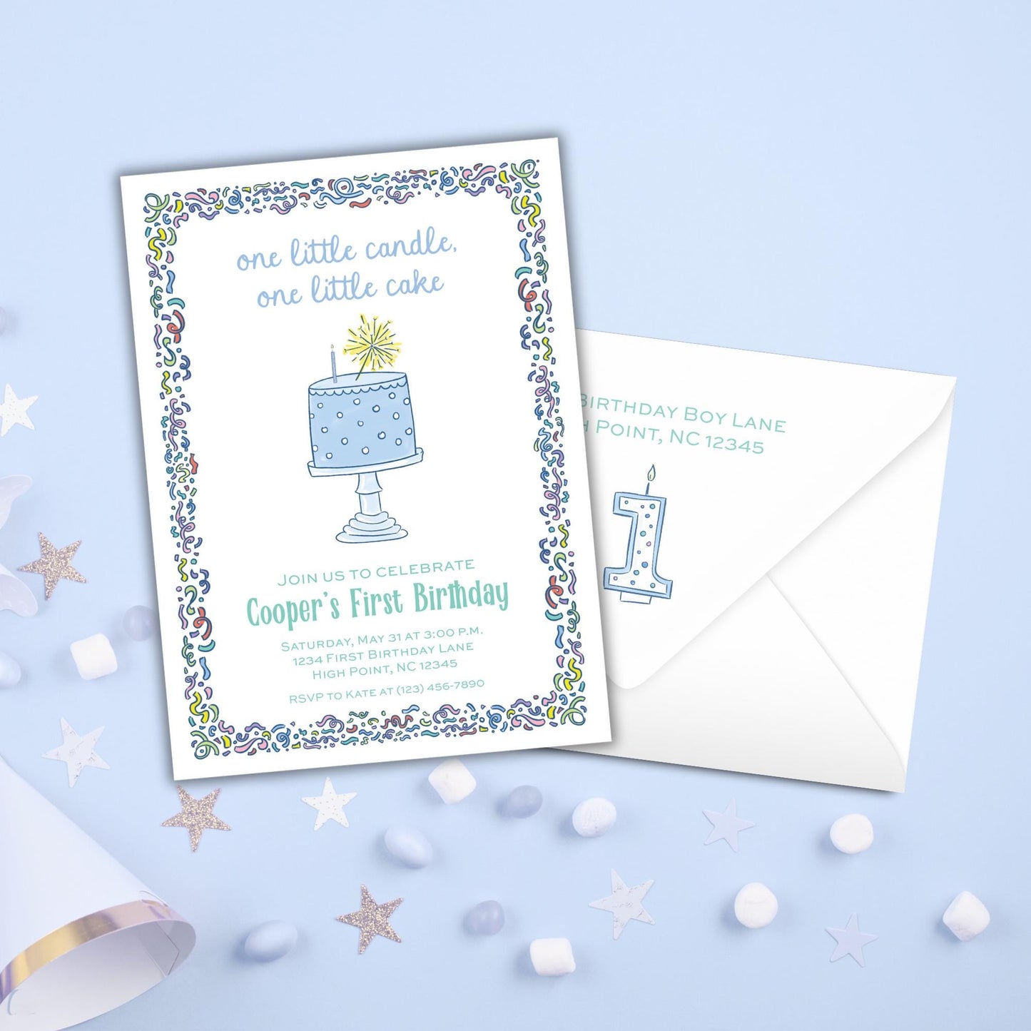 The image is a birthday invitation for a child's first birthday celebration.