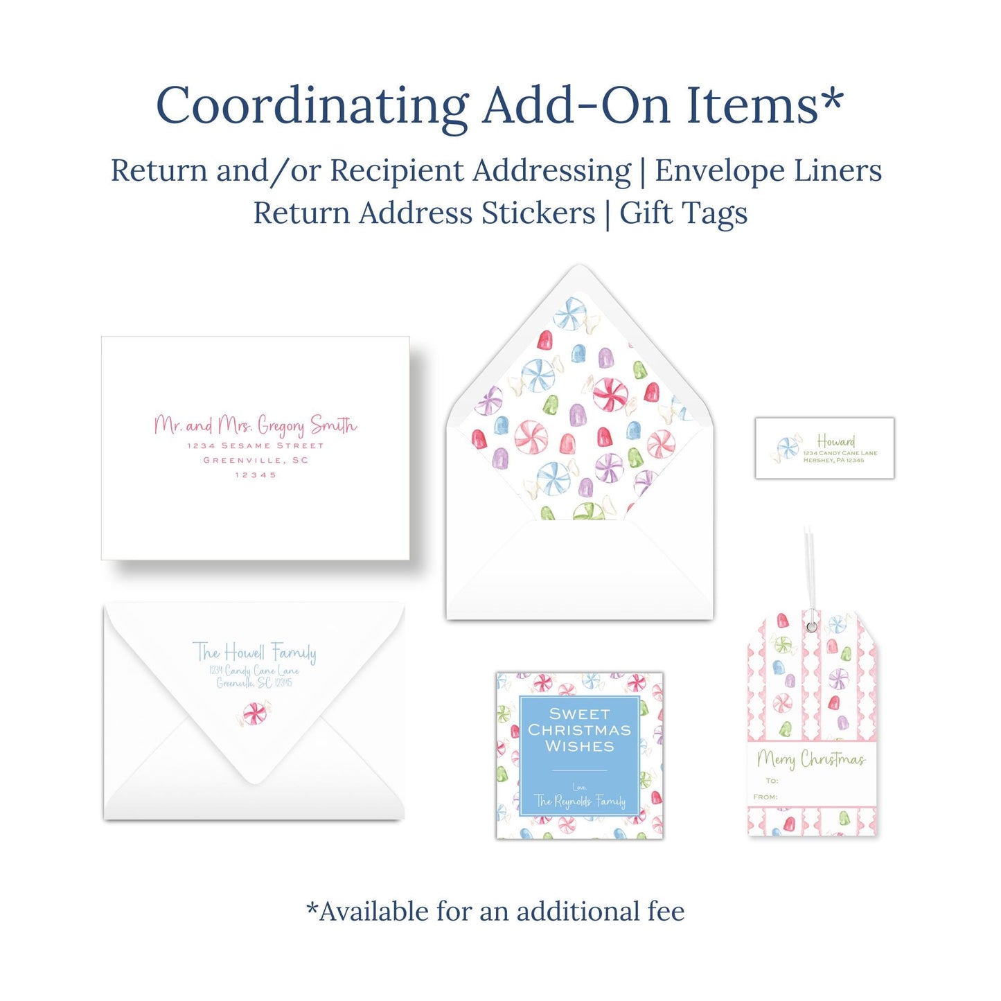 various items related to holiday greetings, including envelopes, return address stickers, and gift tags.