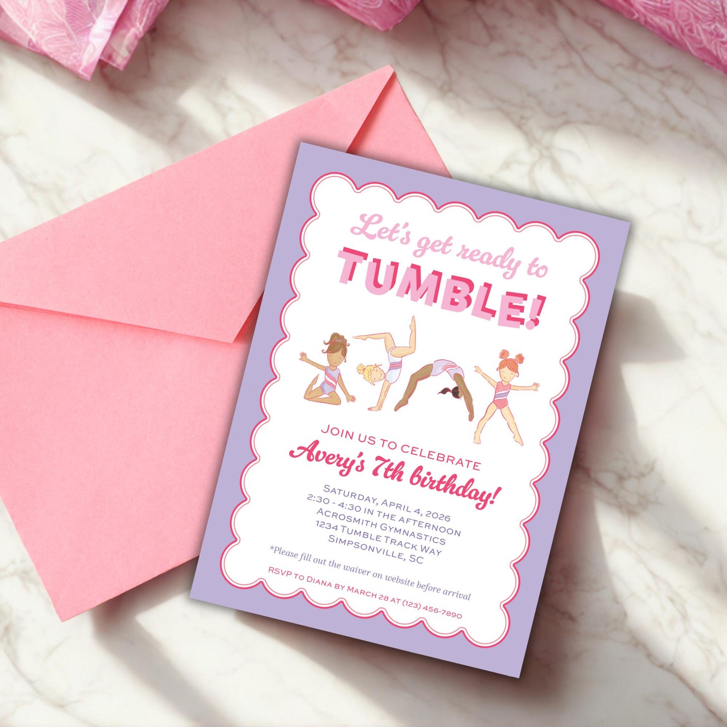 The image is a birthday invitation for a girl named Avery, celebrating her 7th birthday.