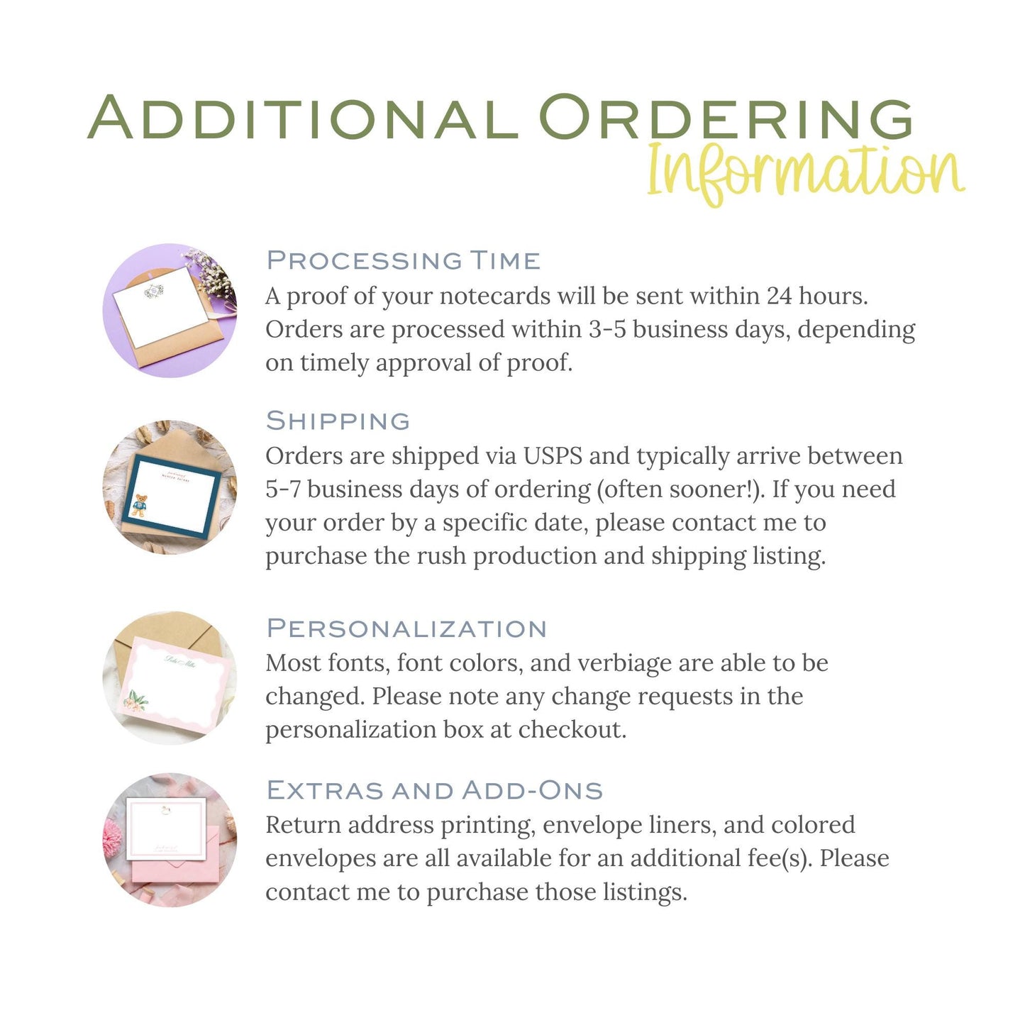 text and images related to the ordering process for a product, including information about processing time, shipping, personalization, and additional options.