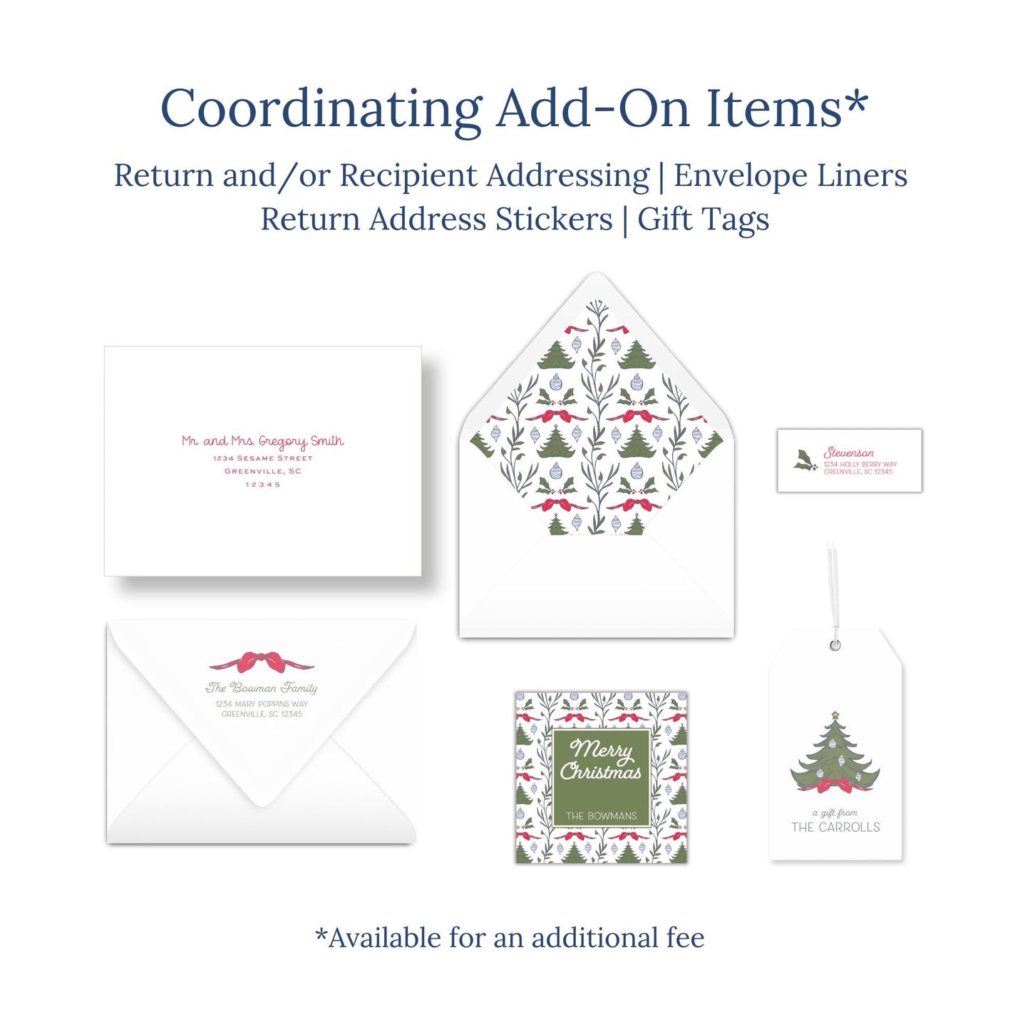 various items related to holiday-themed items, including envelopes, return address stickers, and gift tags.