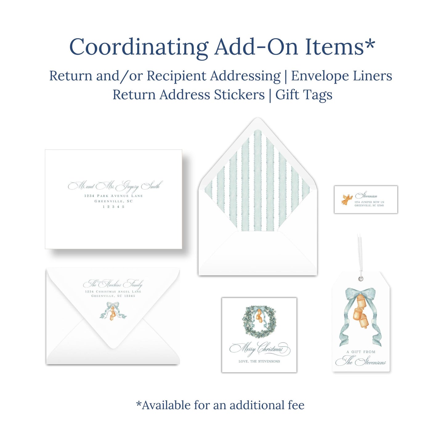 various items related to holiday-themed items, including envelopes, return address stickers, and gift tags.