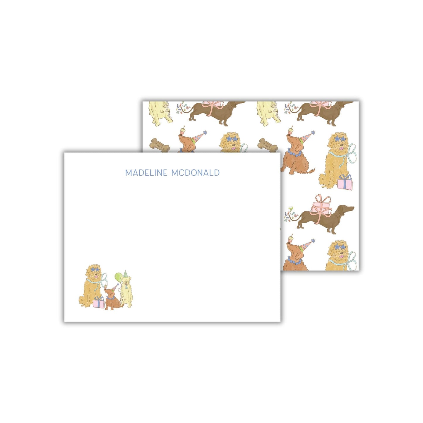 a white square with a nameplate and a repeating pattern of cartoon dogs wearing party hats.