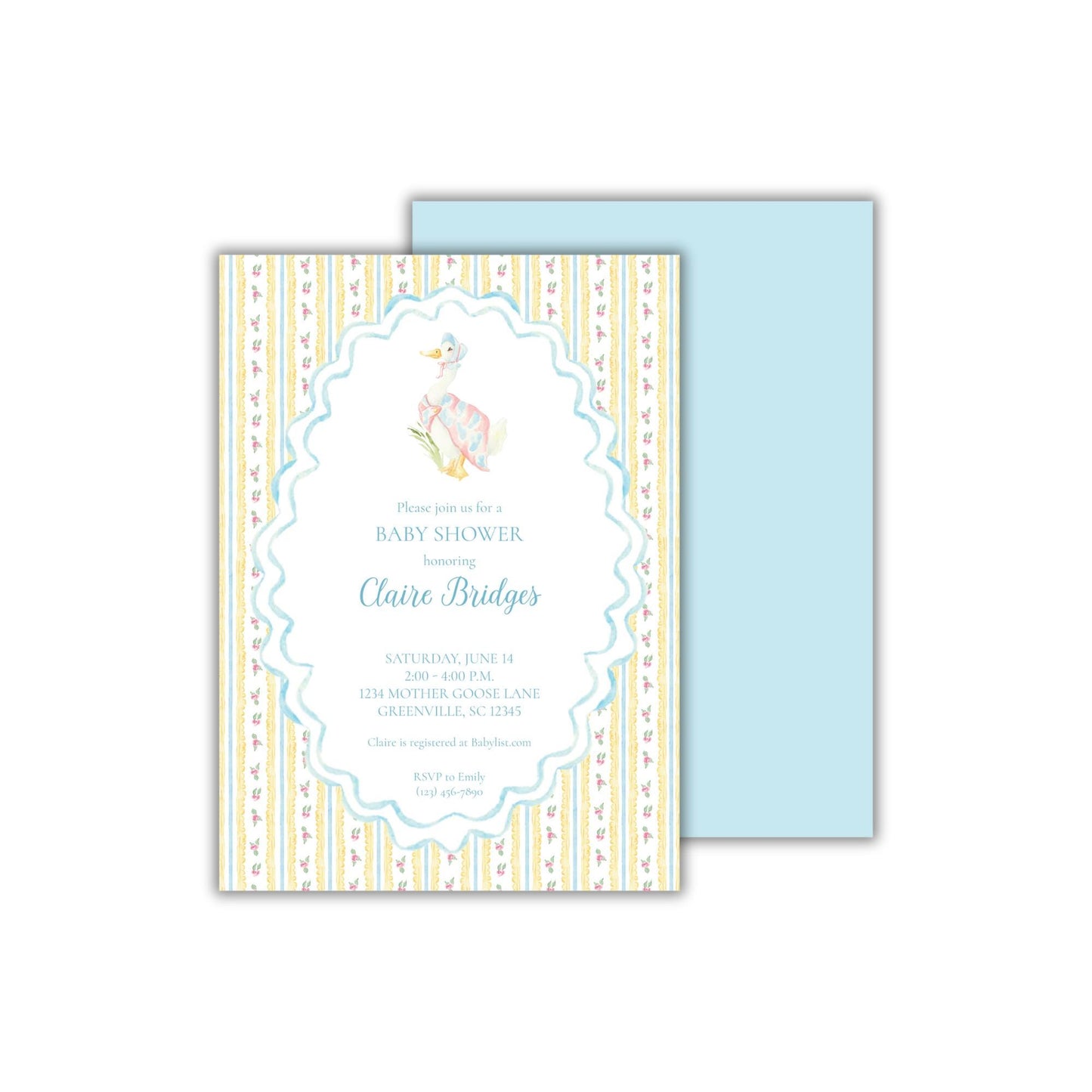 a blue and yellow baby shower card with an elephant on it