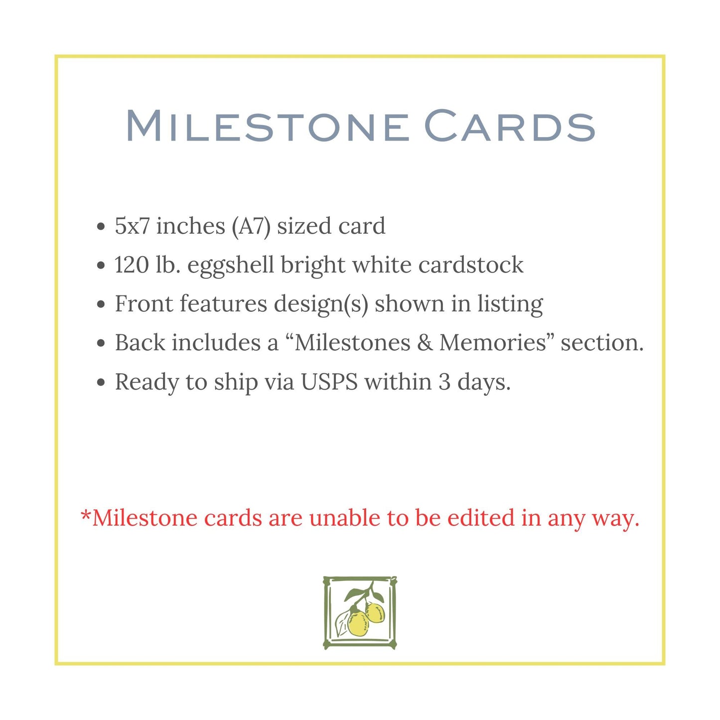 a white card with a blue border and a yellow border