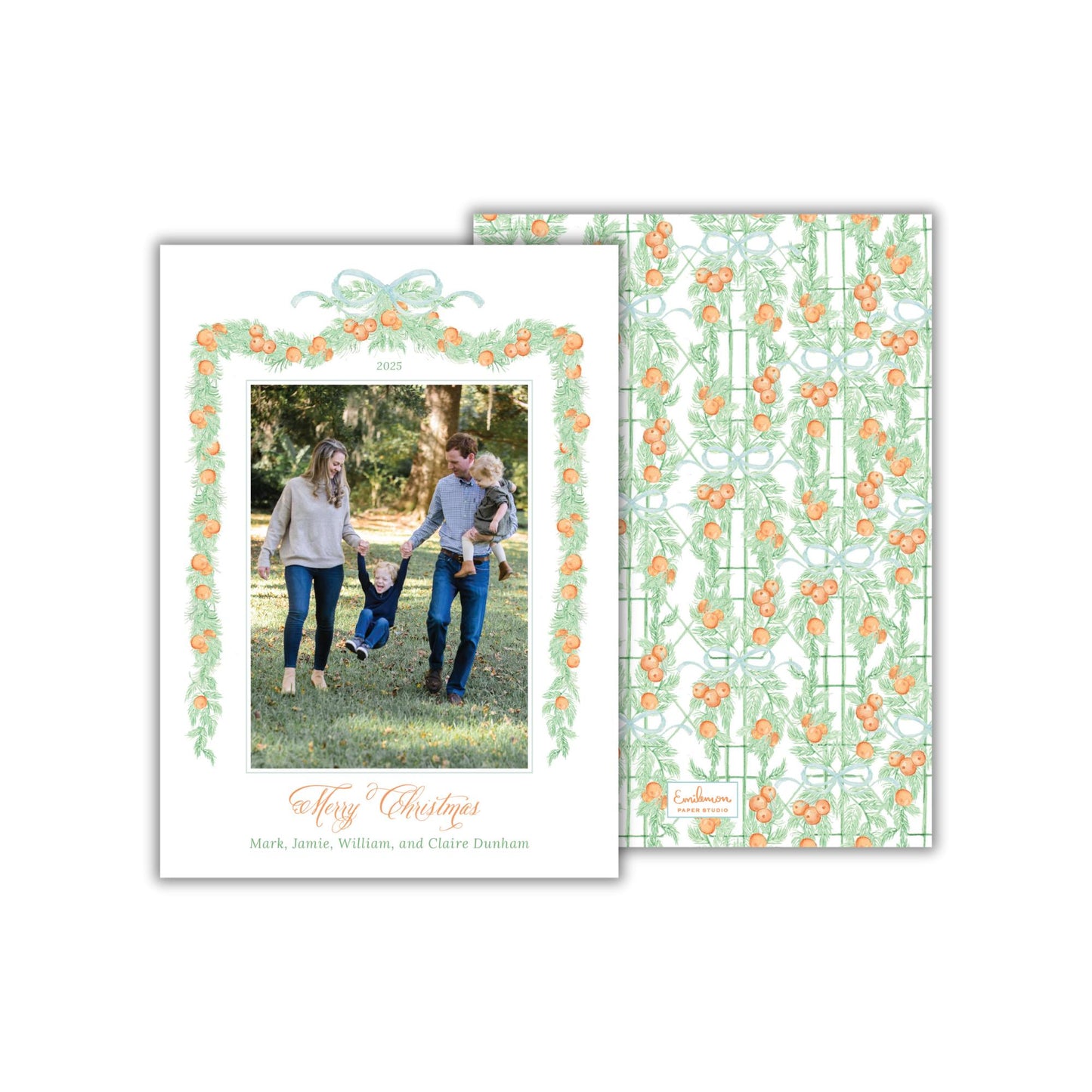 A family photo of a man, woman, and child walking together in a park, with a decorative border and text at the bottom.