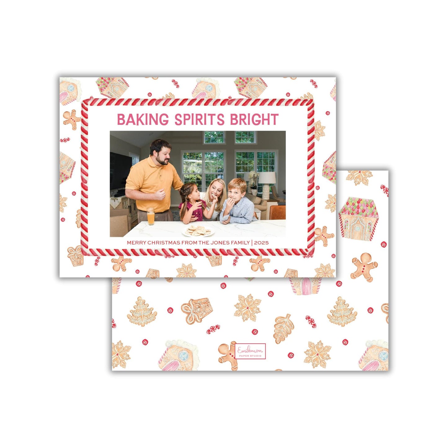 A family photo is displayed on a card with a festive pattern of gingerbread houses and other holiday-themed elements.