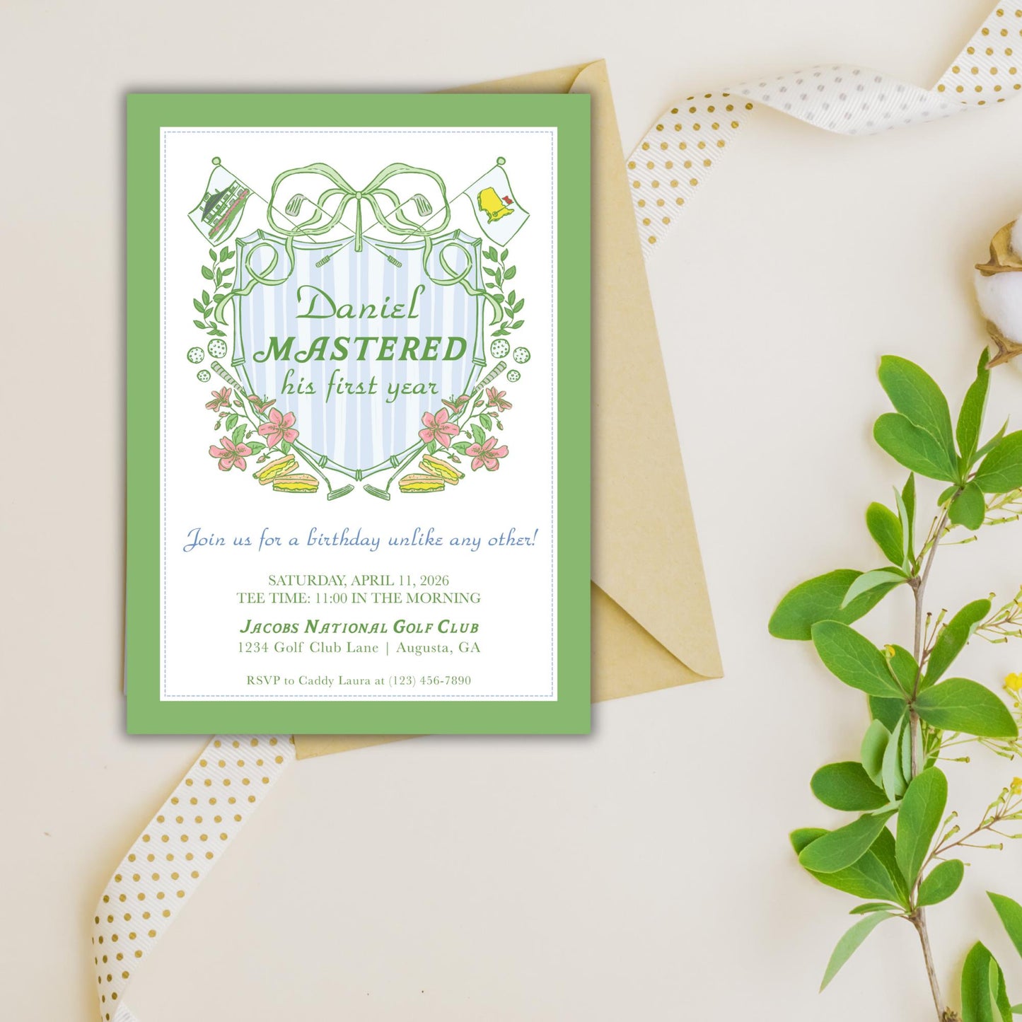 The image is a birthday invitation for Daniel, who is turning one year old. The invitation is green and white, with a gold ribbon on the right side.