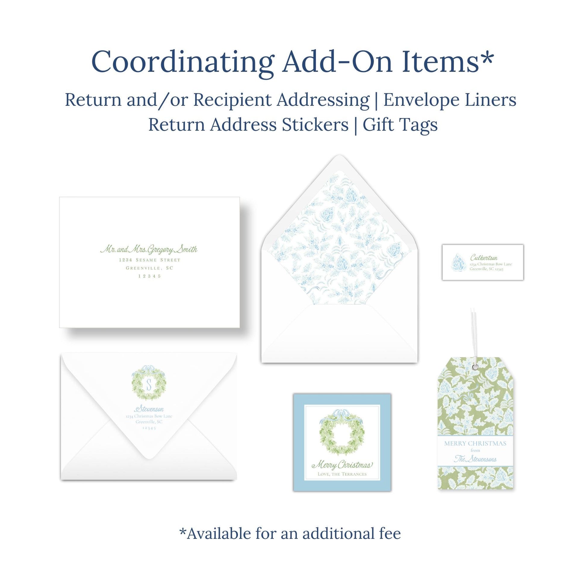 various items related to holiday-themed items, including envelopes, return address stickers, and gift tags.