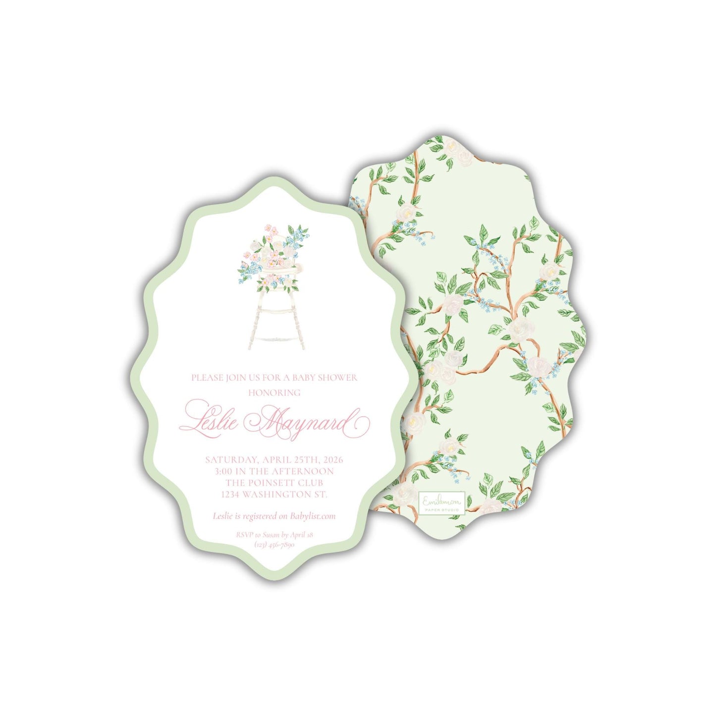 The image is a baby shower invitation featuring a floral design and text.