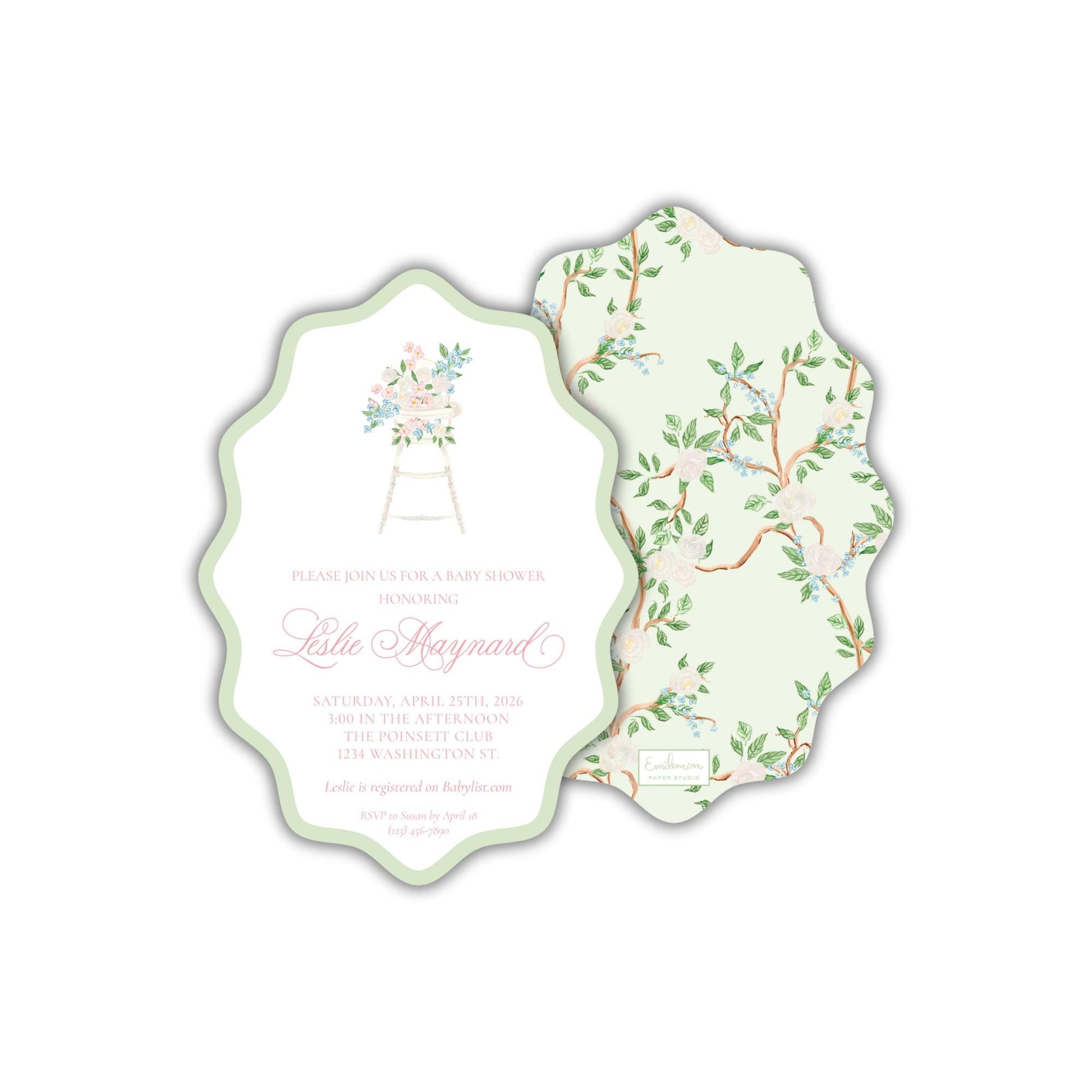 The image is a baby shower invitation featuring a floral design and text.