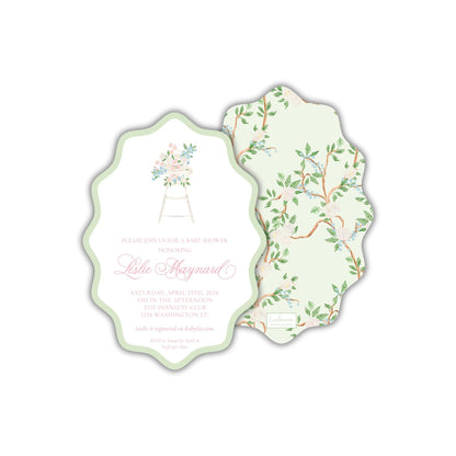 The image is a baby shower invitation featuring a floral design and text.