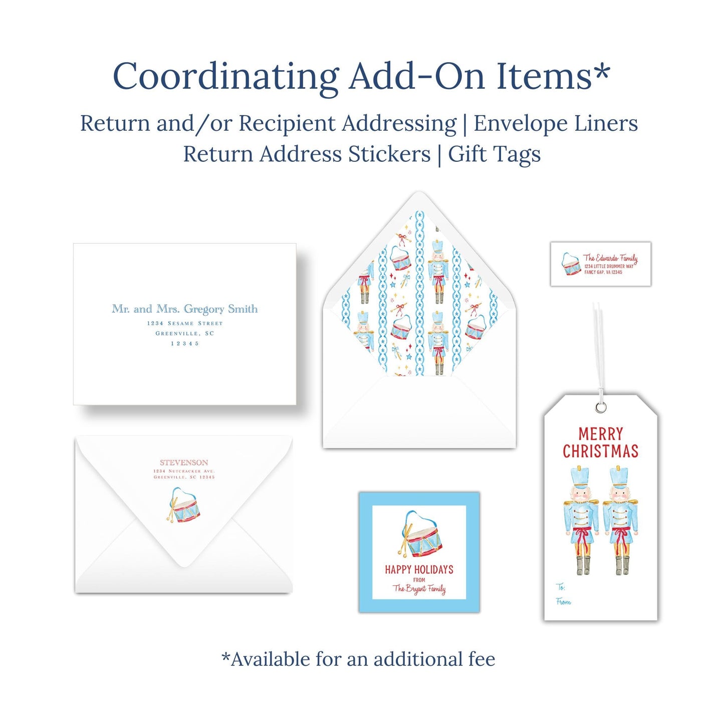 various items related to holiday-themed items, including envelopes, return address stickers, and gift tags.