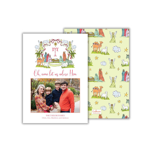 A family portrait of a man, woman, and two children, along with a religious or holiday-themed background featuring various animals and symbols.