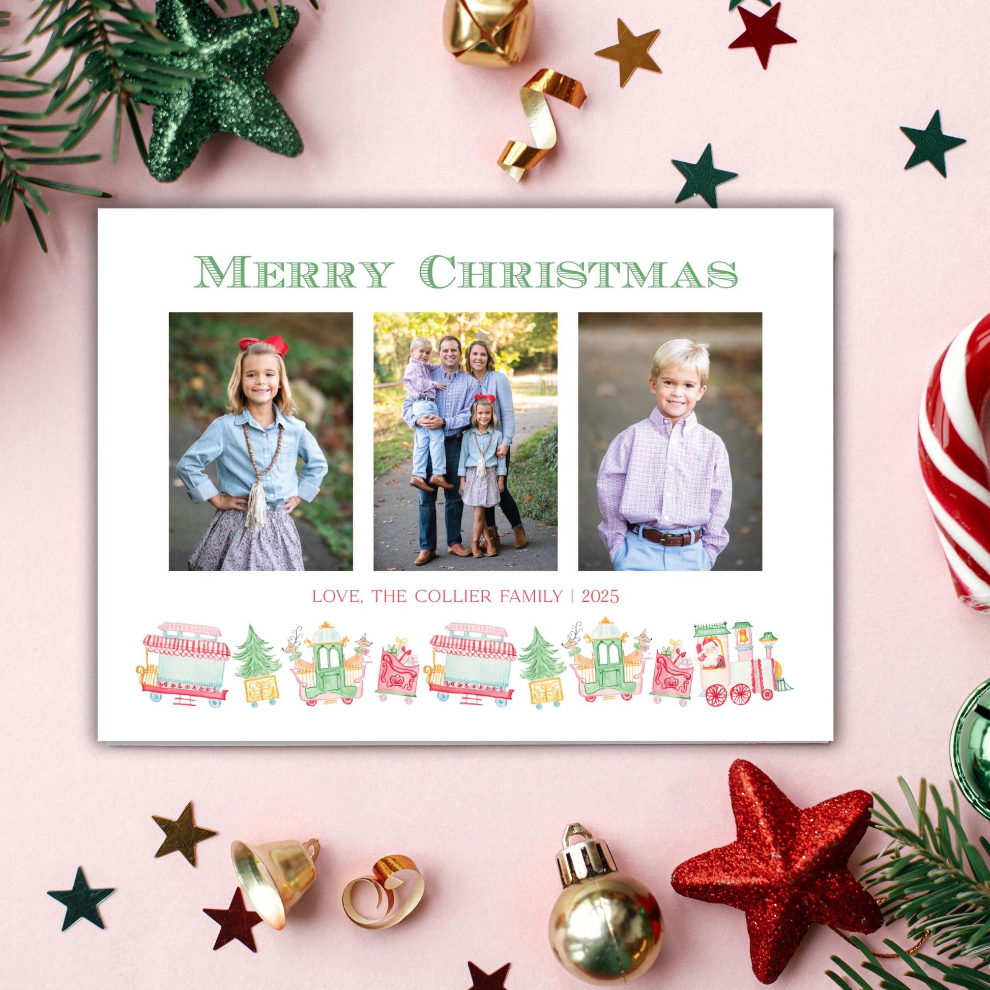 A Christmas card with a family photo and a message, surrounded by holiday decorations such as stars, ornaments, and tinsel.