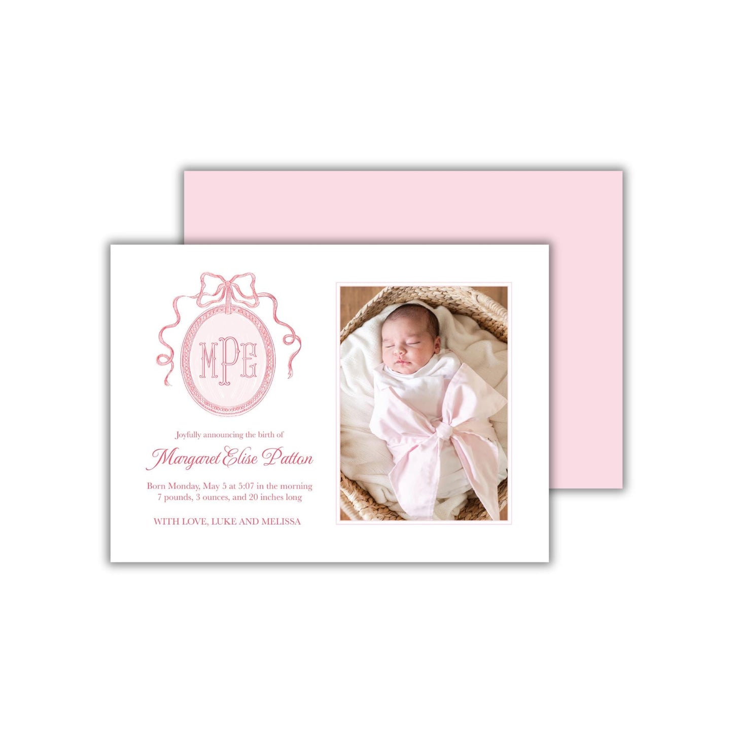 a baby girl&#39;s birth announcement card with a picture of a baby in a