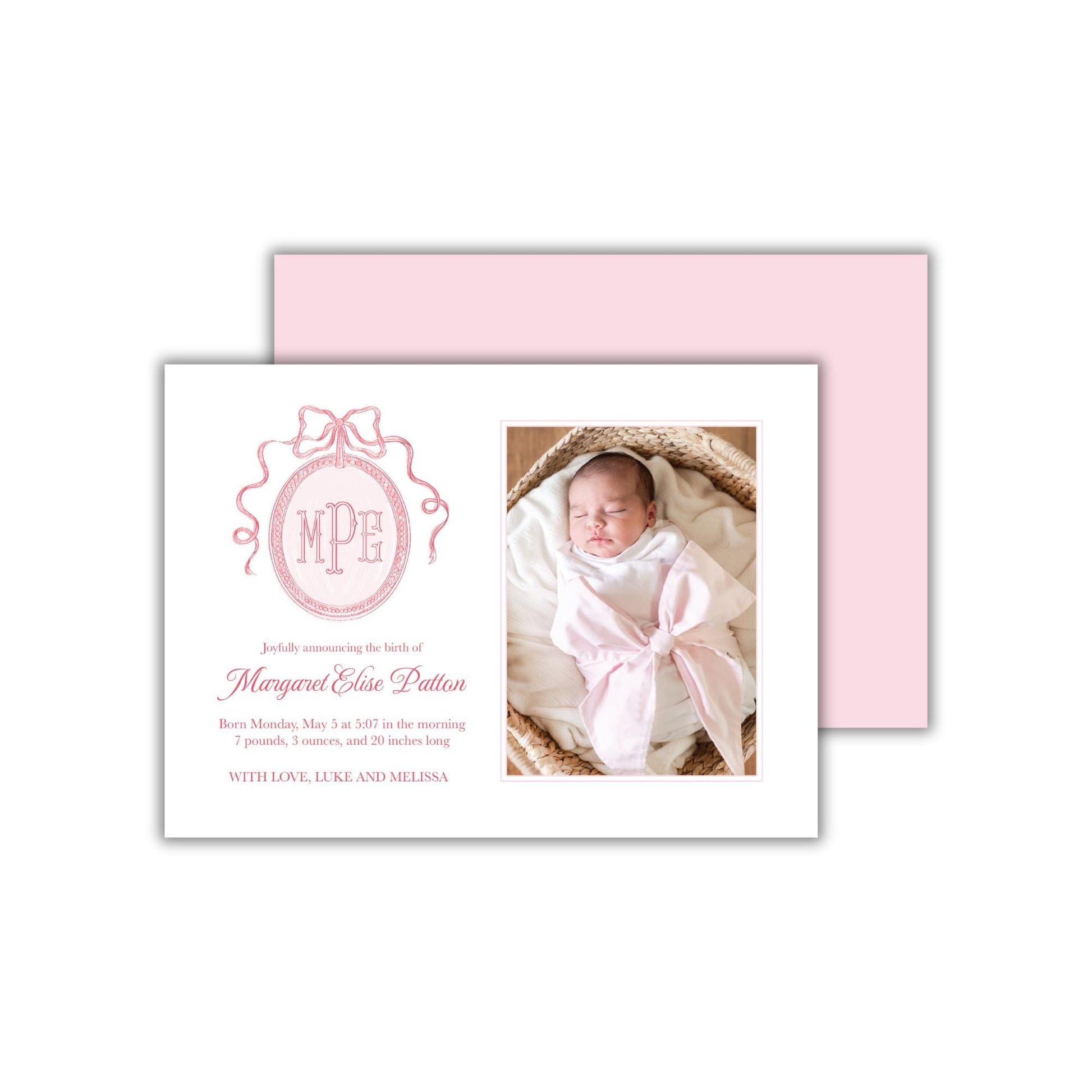 a baby girl&#39;s birth announcement card with a picture of a baby in a