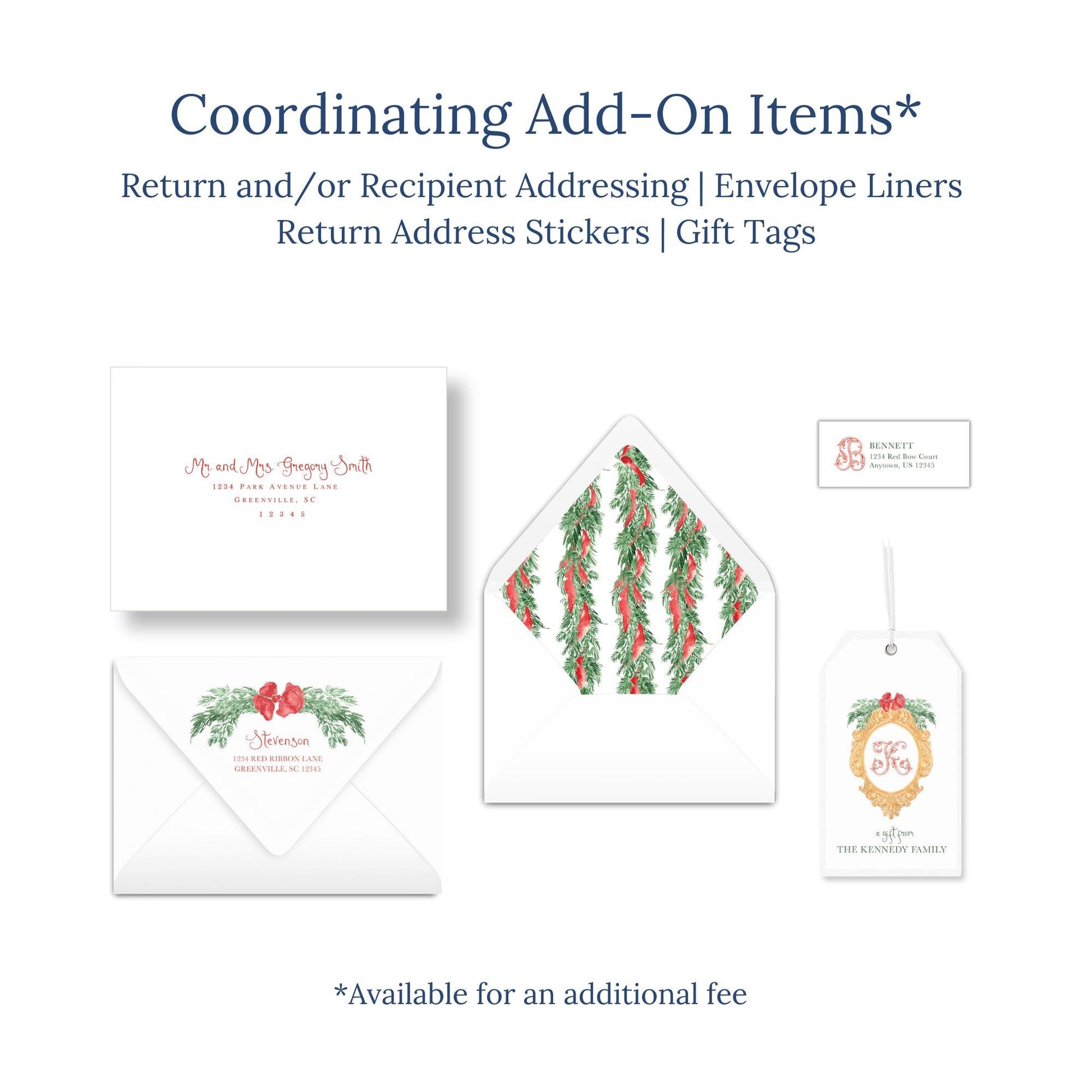 various items related to coordinating add-ons for a wedding or event, including an envelope, return address stickers, and gift tags.