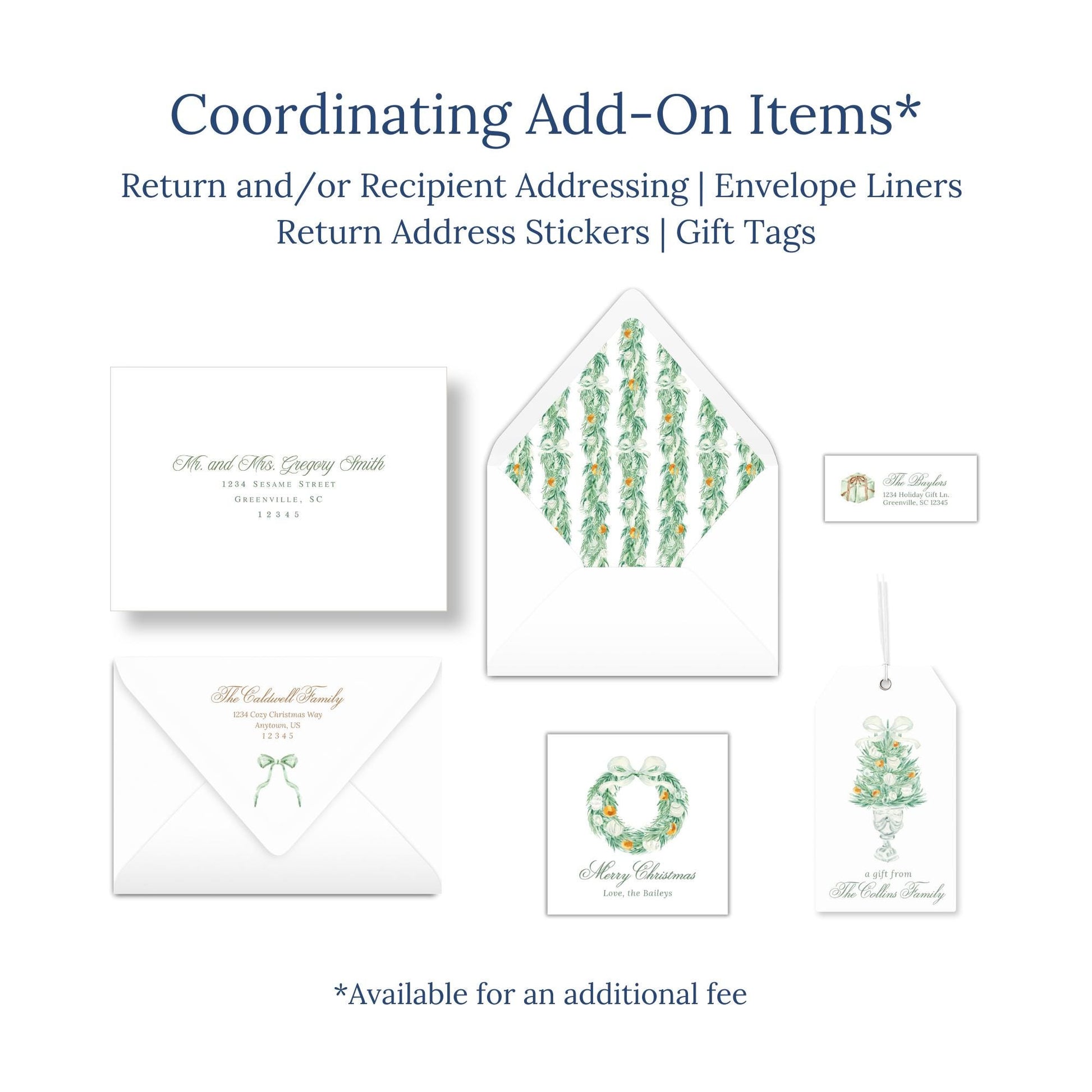 various items related to holiday-themed items, including envelopes, return address stickers, and gift tags.