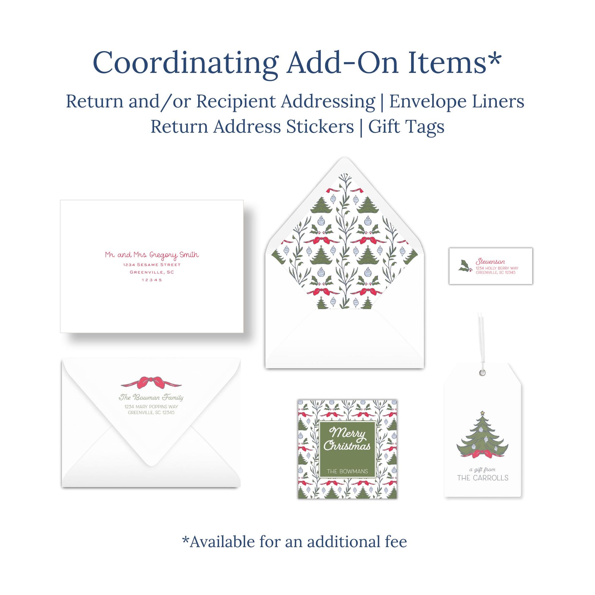 various items related to holiday-themed items, including envelopes, return address stickers, and gift tags.