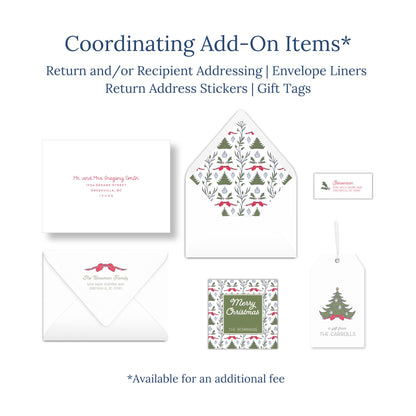 various items related to holiday-themed items, including envelopes, return address stickers, and gift tags.