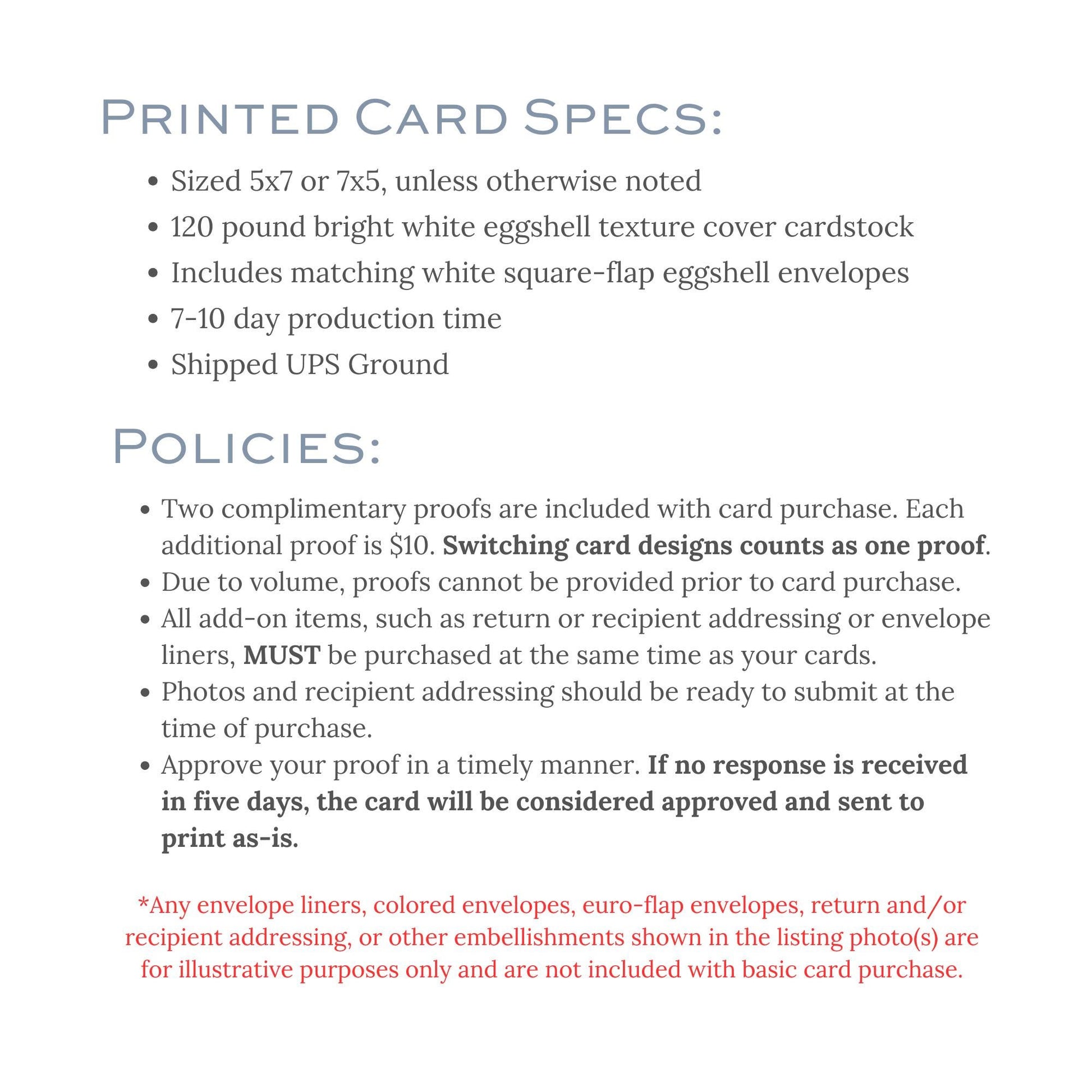 The image is a printed card specifications document that provides details about the size, weight, and other specifications of a printed card.