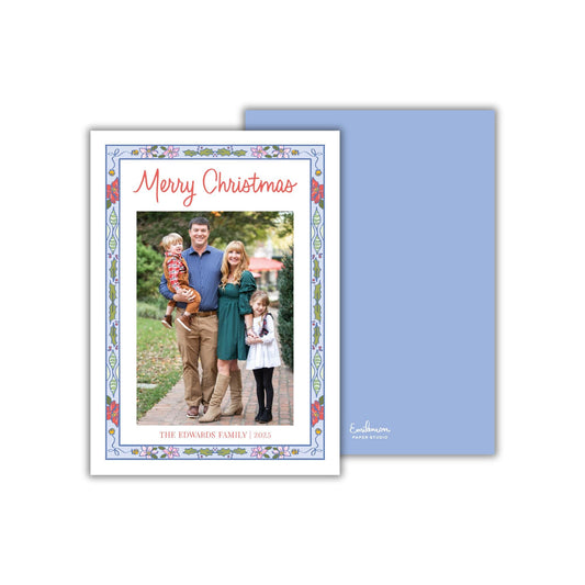 A family portrait of a man, woman, and child, with the text &quot;Merry Christmas&quot; and &quot;THE EDWARDS FAMILY 2020&quot; displayed on the card.