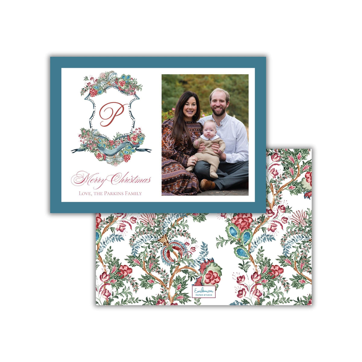 A family portrait of a man, woman, and child is displayed on a blue background with a floral border. The text "Werry Christmas" is written above the portrait, and "Love, the PARKINS FAMILY" is written below. The image is a collage of multiple images, and the phrase "The image depicts" is not used.