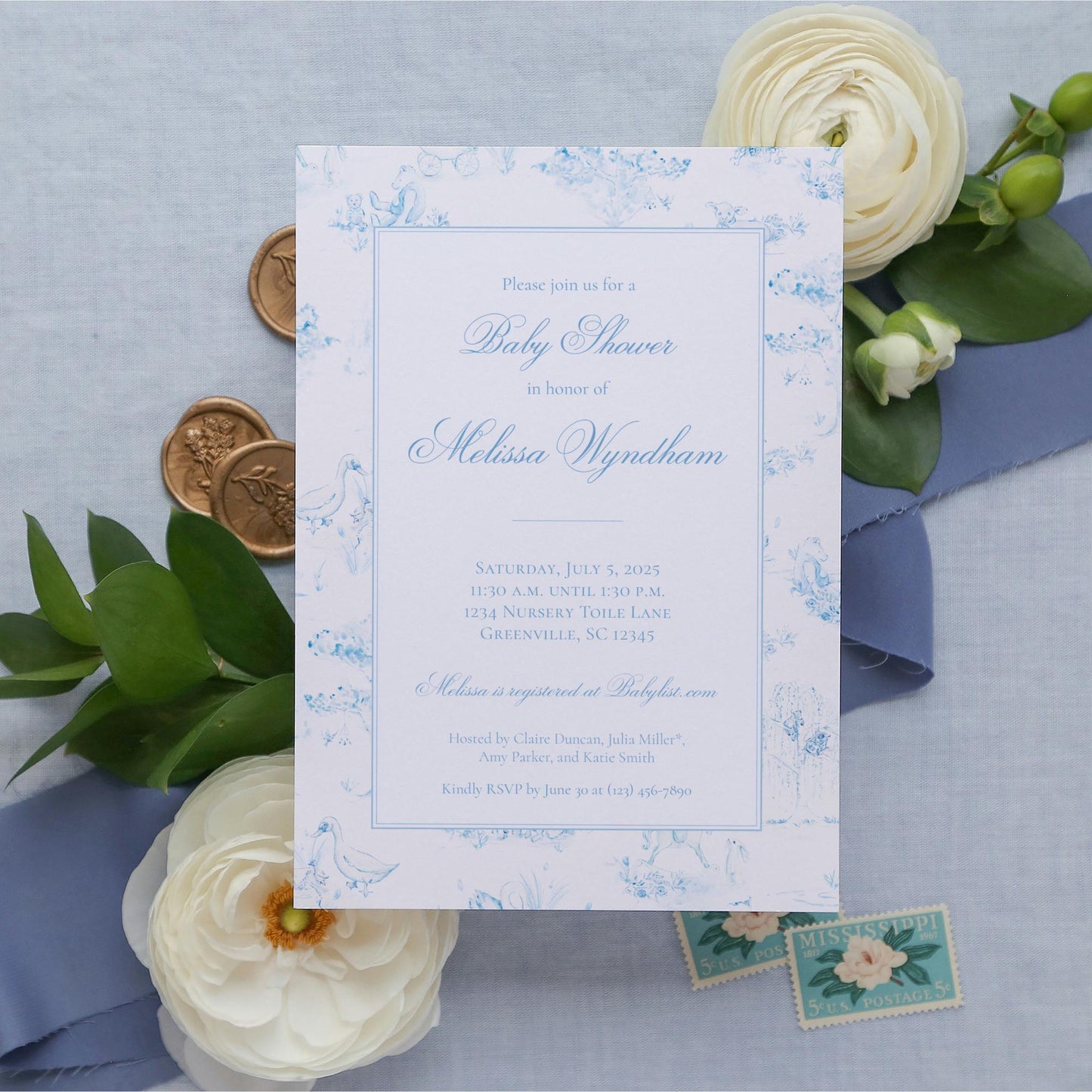 Toile Baby Shower Invitation - Blue