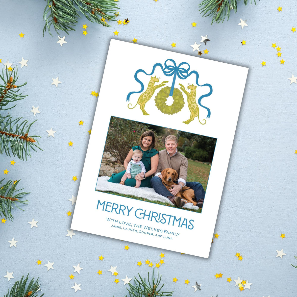 Cheetah Christmas Card - Teal/Chartreuse