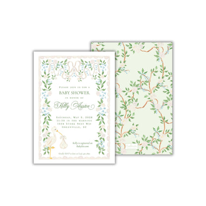 The image is a baby shower invitation featuring a floral design with a baby swan and leaves.