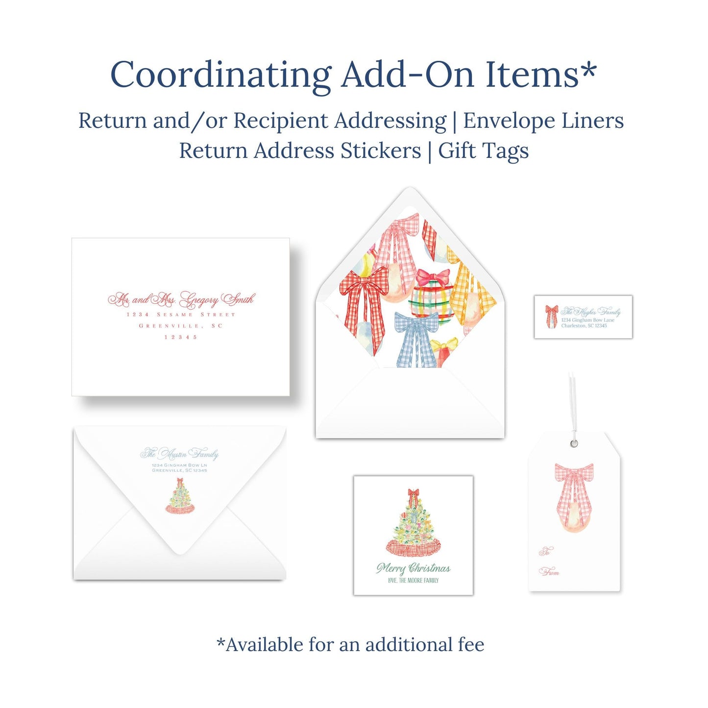 The image is a collection of Christmas-themed items, including envelopes, return address stickers, and gift tags, with a focus on coordinating add-on items.
