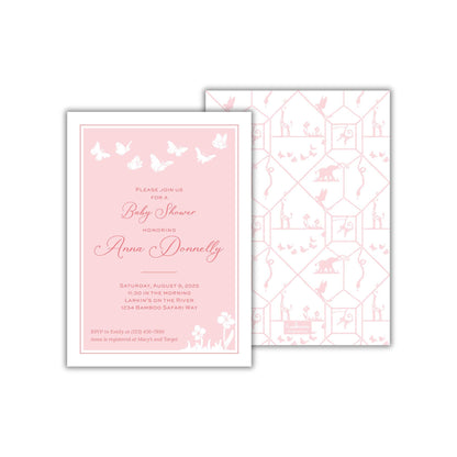 a pink and white wedding card on a white background