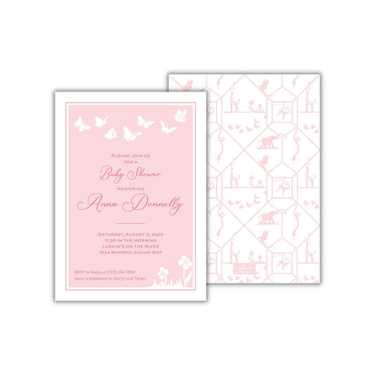 a pink and white wedding card on a white background