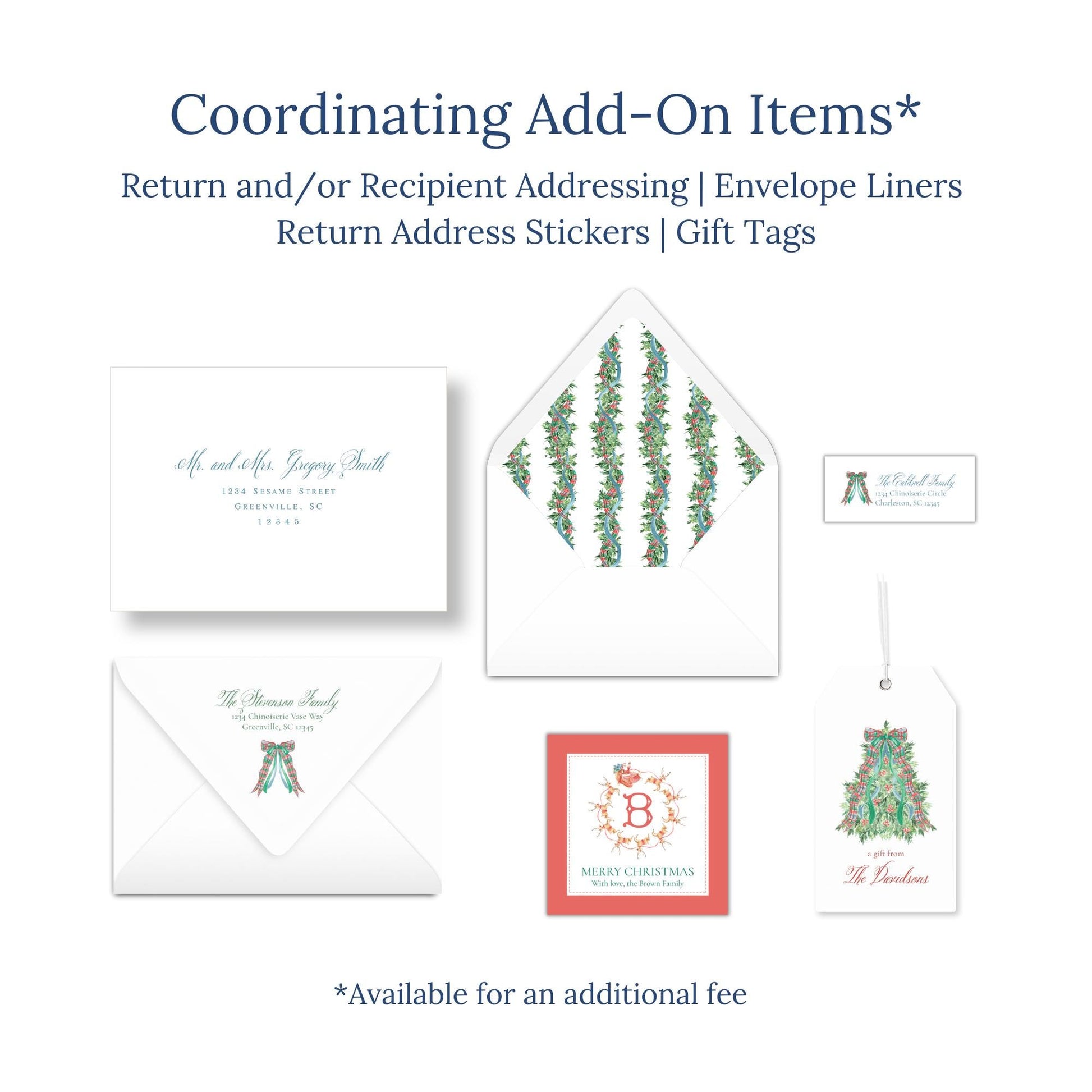 various items related to holiday-themed items, including envelopes, return address stickers, and gift tags.