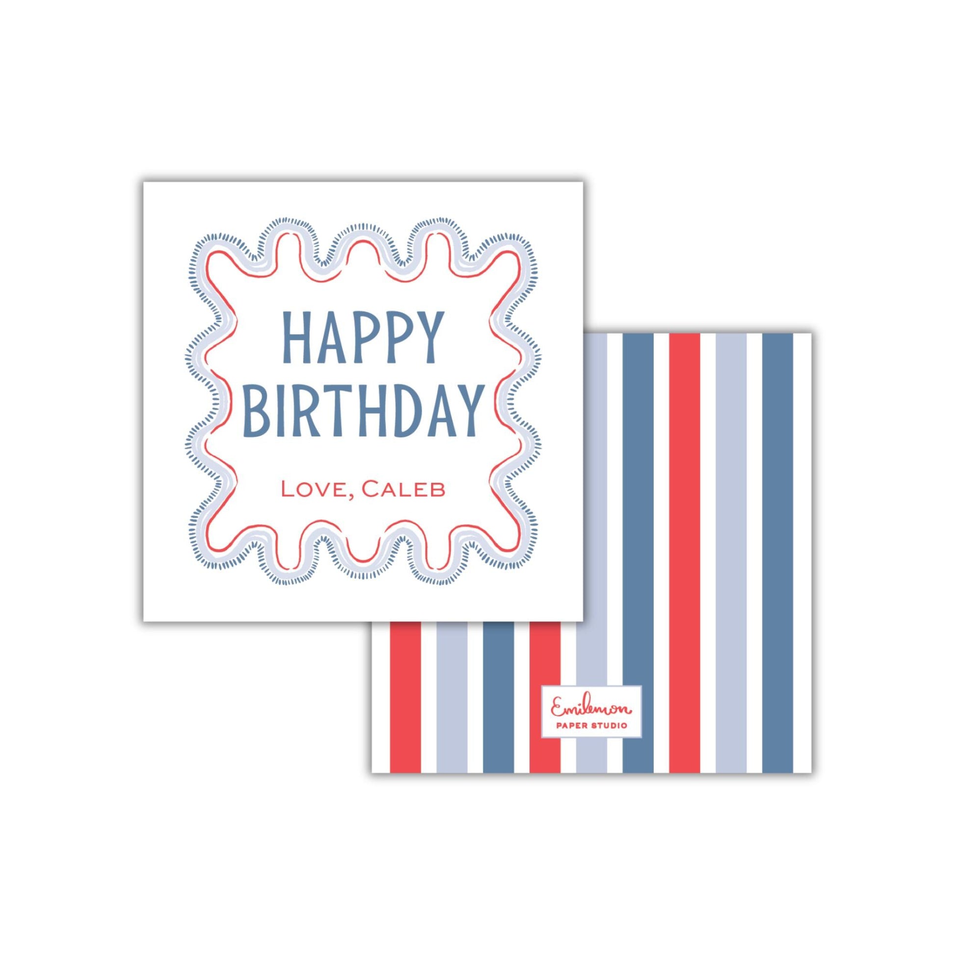 a birthday card with a red, white, and blue design, featuring the text "Happy Birthday" and the names "Love, Caleb".