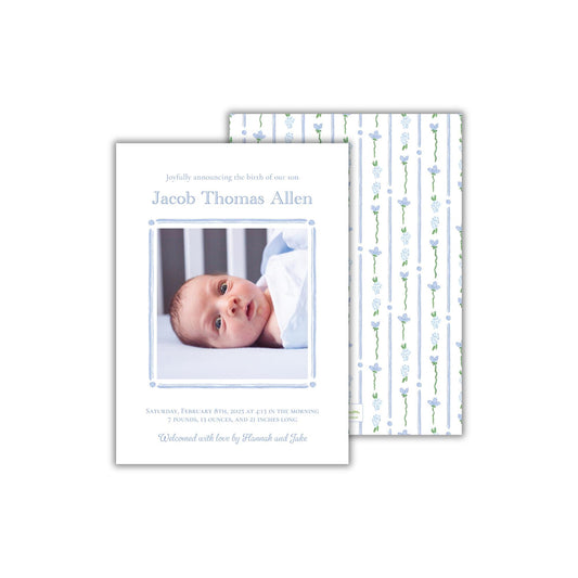 a baby&#39;s birth announcement with a picture of a baby