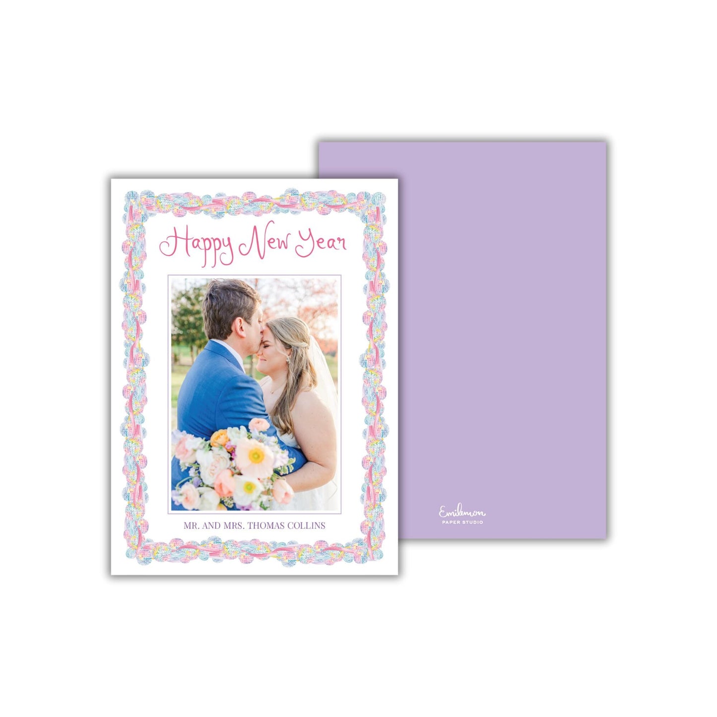A wedding card featuring a couple embracing and smiling, with a colorful border and text that reads &quot;Happy New Year&quot;.