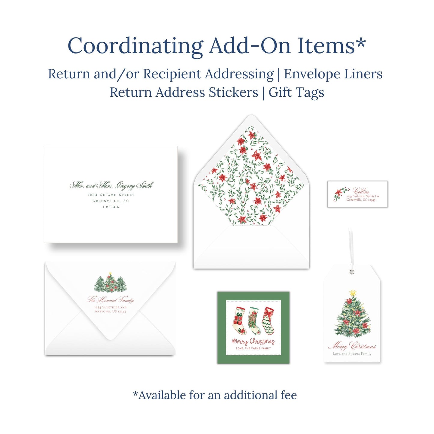 various holiday-themed items, including envelopes, return address stickers, and gift tags, all with festive designs.